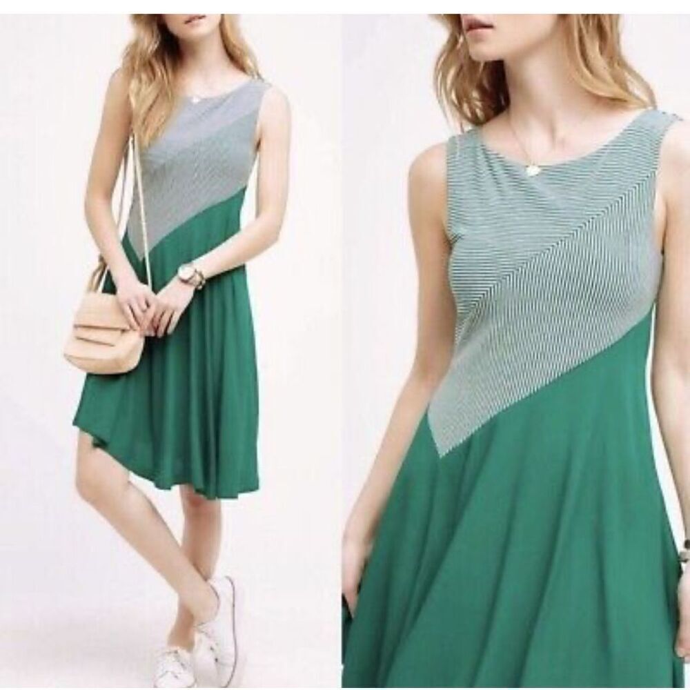 NWT Maeve Anthropologie Green Stripe Dress XS Cameron asym
